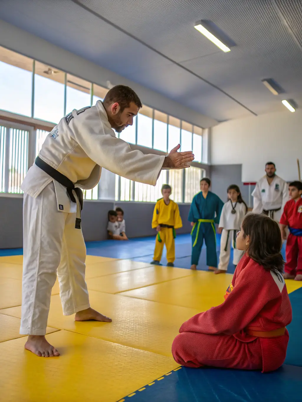 A coach demonstrating a freestyle wrestling technique to a group of attentive athletes, emphasizing agility and strategic thinking.