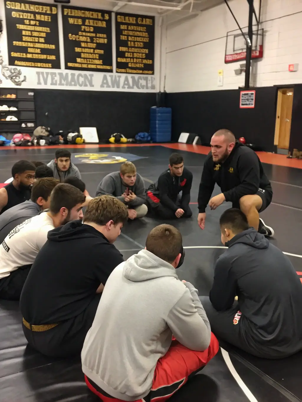 A group of young wrestlers participating in a training session, focusing on grappling techniques, with a coach providing guidance in a well-equipped wrestling facility.