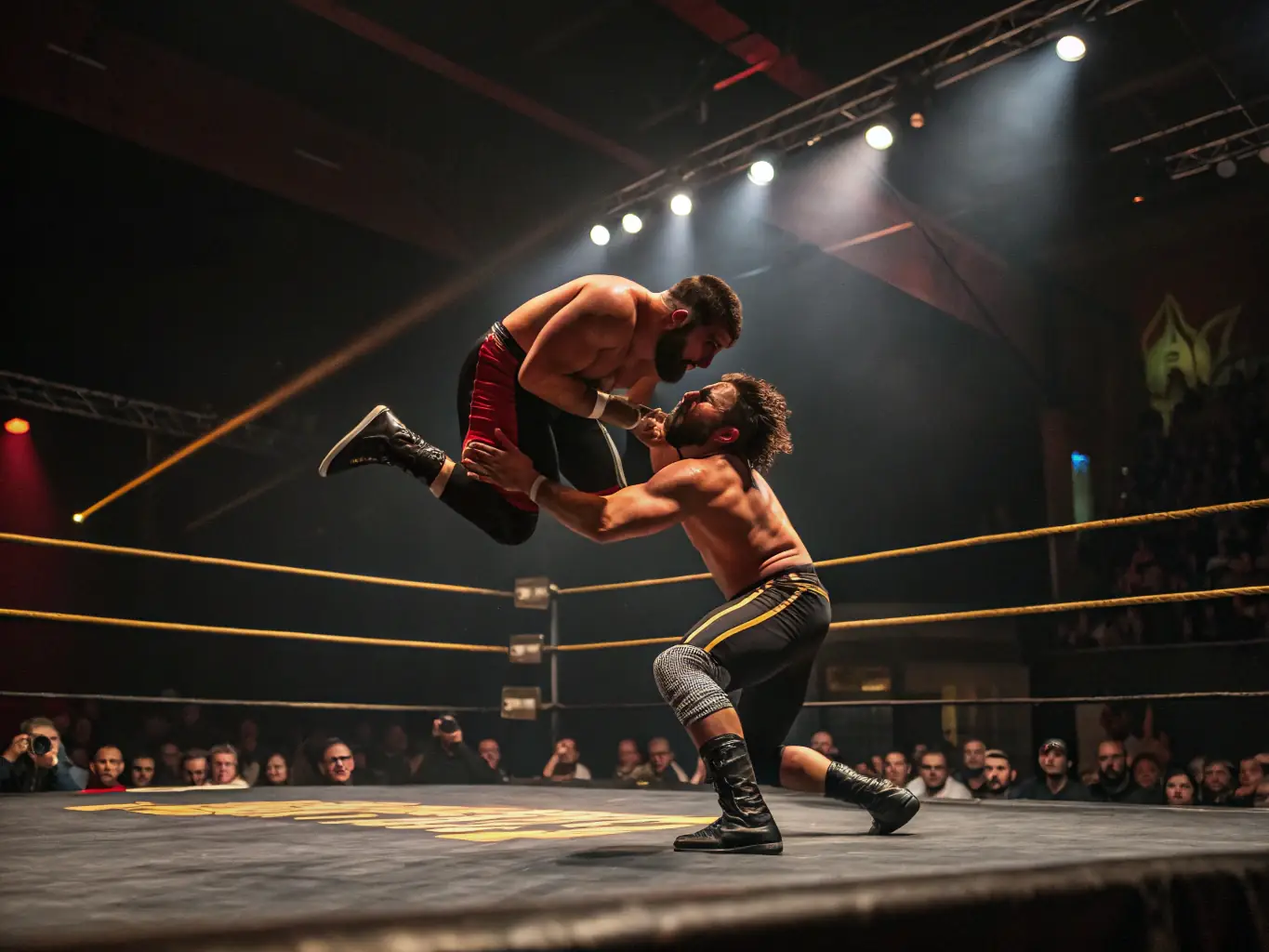 A high-energy image of wrestlers competing in a regional tournament, capturing the intensity and excitement of the event.