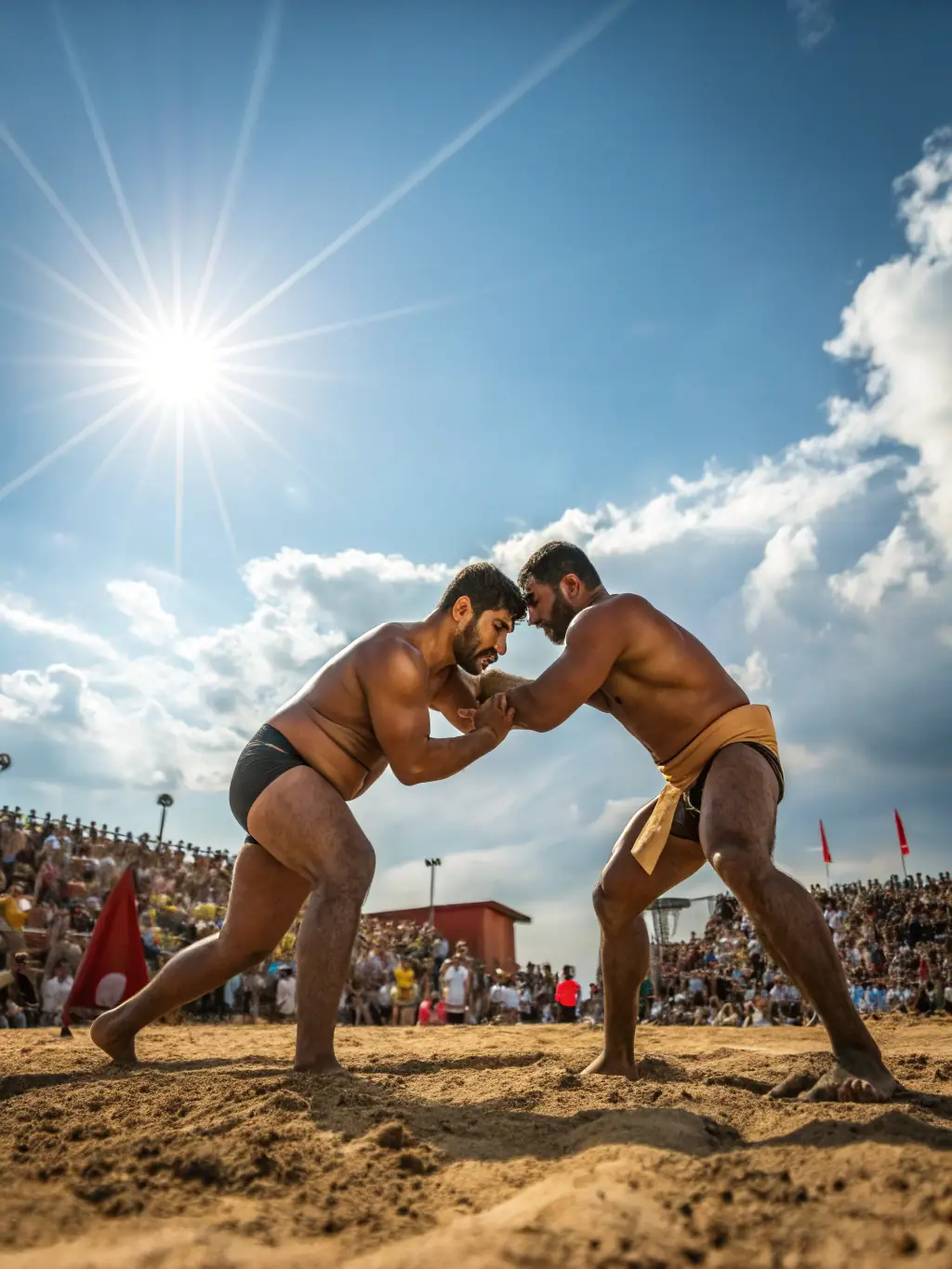 A diverse group of wrestlers engaged in a Greco-Roman wrestling match, showcasing technique and strength, under the supervision of certified referees.
