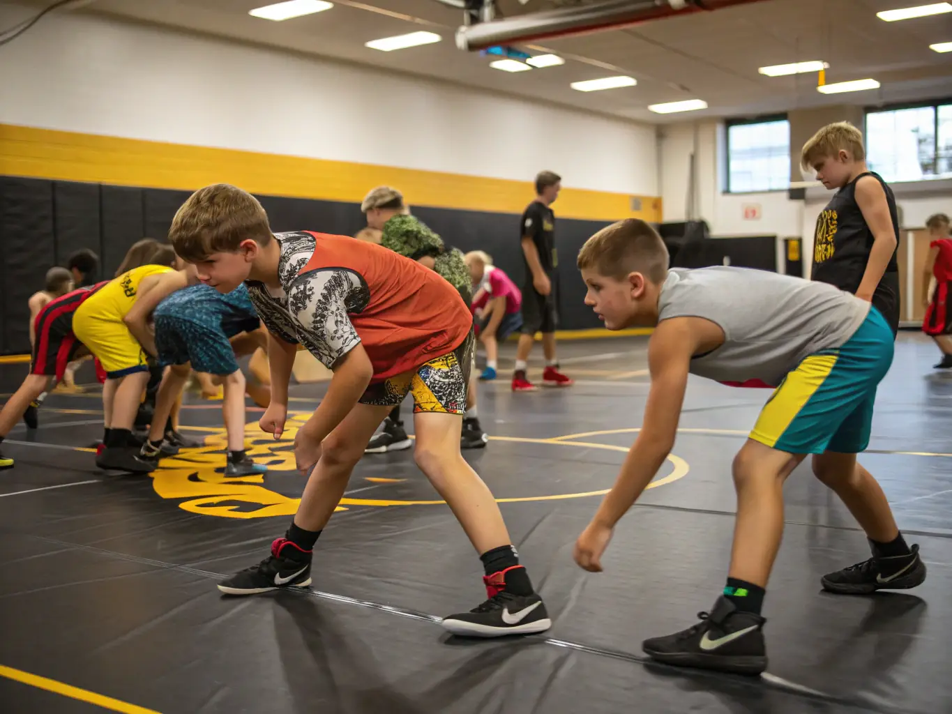 A dynamic image of young wrestlers participating in a training session, showcasing energy and teamwork, set in a modern wrestling facility.