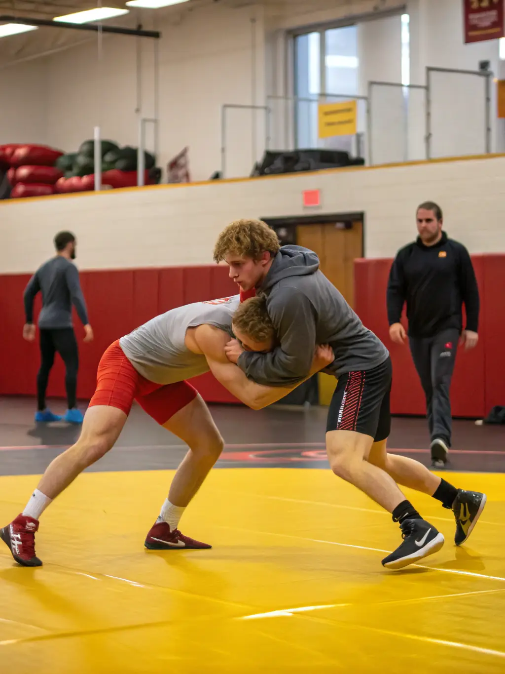 A dynamic shot of wrestlers engaged in a freestyle wrestling match, showcasing agility and technique, set against a blurred background of spectators.