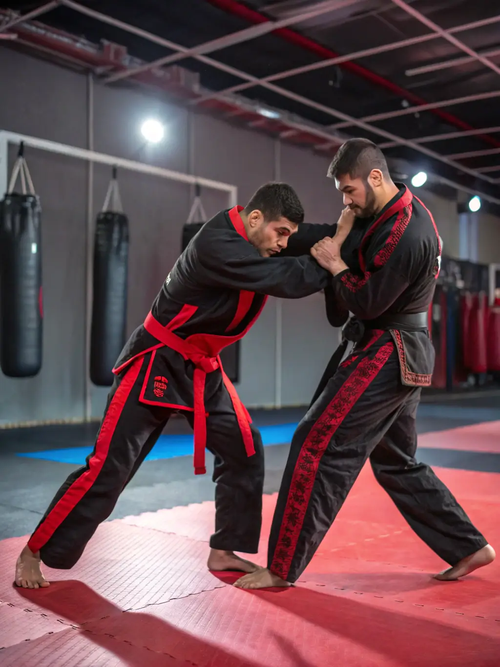 A close-up shot of Gouren wrestlers in traditional attire, gripping each other firmly during a match, set in an outdoor arena with a sandy surface.