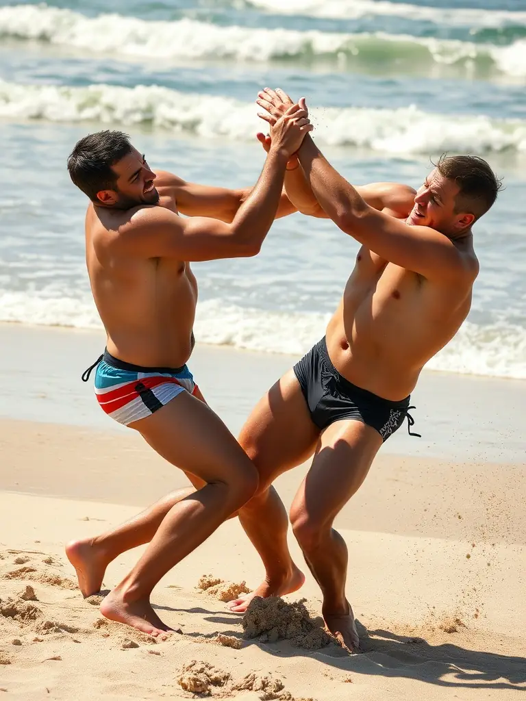 A community event featuring a beach wrestling competition, with participants of all ages and skill levels competing in a fun and engaging atmosphere.
